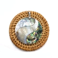 Macro shot of oval abalone and white shell pendant with mosaic pattern on woven mat - Round Patchwork Style (No. 15) - Pendant Only (Without Chain)