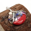 Handmade silver wire-wrapped moon pendant with colorful natural stone chips - Red Jasper / 30 x 35mm