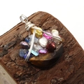 Handmade silver wire-wrapped tiger eye stone moon pendant with colorful pearl and crystal - Tiger's Eye / 30 x 35mm