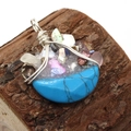 Handmade wire-wrapped crescent moon pendant featuring turquoise and colorful crystals - Blue Turquoise / 30 x 35mm