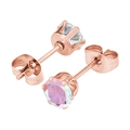 Boucles d'oreilles puces en or rose avec zircons ronds sertis par quatre griffes solides - Zirconium de 3mm / Or rose + Couleur Aurora