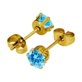 Detalle de pendientes dorados de seis garras con circonitas azul cielo de corte redondo - Circonita de 3mm / Dorado Con Circón Azul Mar Profundo