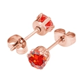 Detailed view of rose gold six-prong stud earrings with round red cubic zirconia crystals - 3mm Zirconia / Rose Gold + Orange Red