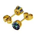 Detalle de pendientes dorados con circonitas redondas iridiscentes engastadas en garras - Circonita de 3mm / Dorado Con Circón Arcoíris