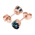 Macro detail of rose gold stud earrings featuring a six-prong set rainbow cubic zirconia stone - 3mm Zirconia / Rose Gold + Rainbow