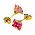 Boucles d'oreilles minimalistes carrées en zircon rose avec placage d'or et serti à quatre griffes - 3mm / Or + Rouge Vif