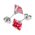 Silver 316L stainless steel stud earrings featuring square pink cubic zirconia stones - 3mm / Steel Color + Large Red