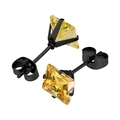 Detail view of yellow square zircon earrings with black four-prong setting and butterfly backs - Black Base + Golden Yellow Zirconia
