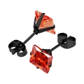 Detail of red square zircon stud earrings with black four-claw setting and butterfly backs - Black Base + Orange Red Zirconia