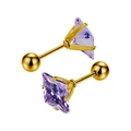 Détail de boucles d'oreilles en zircon violet carré avec serti à quatre griffes doré - Zirconium de 3mm / Or + Bleu Changeant