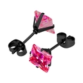 Detail view of pink square zircon studs with black four-claw setting and butterfly backs - Black Base + Rose Red