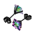 Close-up of square rainbow zircon earrings with black four-claw setting and butterfly backs - Black Base + Multicolor