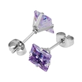 316L stainless steel square purple zircon stud earrings with butterfly back closure - 3mm / Steel Color + Color Change Blue
