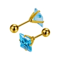 Detailed macro view of square blue zircon earrings with gold screw-back ball closures - Gold + Deep Sea Blue
