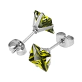 316L stainless steel stud earrings with square olive green cubic zirconia and butterfly back - Steel Color + Olive Green
