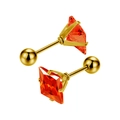 Detailed macro view of gold-plated stud earrings featuring orange square-cut zircon stones - Gold + Orange Red
