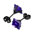 Detail of square purple zircon stud earrings with black four-claw setting and butterfly backs - Black Base + Purple Blue Zirconia