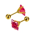 Close-up of pink square zircon earrings with gold screw back studs for women - Gold and Rose Red