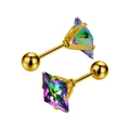 Detailed close-up of rainbow square zircon stud earrings with golden 4-claw setting - Gold + Rainbow Multicolor