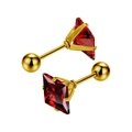 Detail of gold-plated square red zircon earrings with secure screw ball backing - Gold + Garnet Red