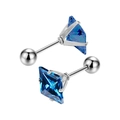 Dettaglio orecchini con zircone blu quadrato e chiusura a vite con sfera di sicurezza - Specifica 3mm / Color Acciaio + Blu Reale