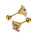 Detailed close-up of square zircon stud earrings with golden screw-back ball closures - Gold + Champagne