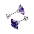 Dettaglio di orecchini a lobo con zircone viola quadrato e montatura argentata con chiusura a vite - Specifica 3mm / Color Acciaio + Blu Viola