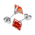 316L stainless steel square orange zircon stud earrings with classic butterfly backings - Steel Color + Orange Red
