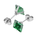 Square 316L stainless steel stud earrings with emerald green cubic zirconia stones - Steel + Emerald Green