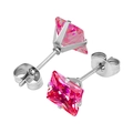 316L stainless steel stud earrings with square pink cubic zirconia stones and butterfly backs - Steel + Rose Red