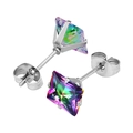 316L stainless steel stud earrings with rainbow square cubic zirconia and butterfly back - Steel Color + Rainbow