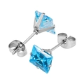 316L stainless steel square blue zircon stud earrings with classic butterfly back closure - Steel Color + Deep Sea Blue