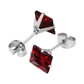 Pair of 316L stainless steel stud earrings with square red zircon and butterfly backs - Steel Color + Garnet Red