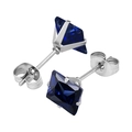 316L stainless steel square stud earrings with deep blue cubic zirconia and butterfly back - Steel Color + Tanzanite Blue