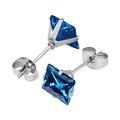 316L stainless steel square stud earrings featuring deep blue cubic zirconia and butterfly back - Steel Color + Royal Blue