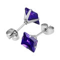 316L stainless steel stud earrings with princess cut purple zircons and butterfly backs - Steel Color + Purple Blue