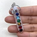 Pink quartz hexagonal prism seven chakra pendant with silver metallic bail for necklaces - 10x55mm / Rose Quartz