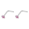 L-förmige Nasenstecker aus Edelstahl mit runden rosa Zirkonia in Vierklauen-Fassung - 2mm Einzeln / Stahlfarbe + Rosa