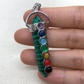 Green malachite pyramid pendant with seven chakra stones and silver metal bail - 10x55mm / Malachite