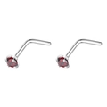 Zweiteiliges Set L-förmige Nasenstecker aus Edelstahl mit runden roten Zirkonia-Steinen - 2mm Einzeln / Stahlfarbe + Granatrot