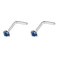 L-förmiger Nasenstecker aus Edelstahl mit rundem blauem Zirkonia in Silberoptik - 2mm Einzeln / Stahlfarbe + Königsblau