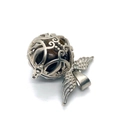 Detailed macro view of silver hollow sphere pendant with wings and polished tiger eye stone - 28x31mm / Tiger's Eye
