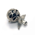 Tiger eye stone silver wing pendant with black sphere ball and hollow filigree cage - 28x31mm / Black Agate