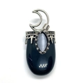 Pendentif ovale en onyx noir avec pierre œil de chat et cadre argenté vintage - Agate noire