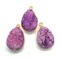Three teardrop purple druzy crystal pendants with gold plated edges for DIY jewelry - Purple