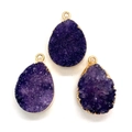 Three teardrop purple druzy crystal pendants with gold-plated edges for DIY jewelry making - Dark Purple Style (No. 7)