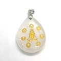 Teardrop white natural stone pendant with gold meditation figure and Om symbols - White Crystal