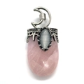 Pendentif en quartz rose ovale avec lune en argent antique et détail de pierre œil de chat - Quartz rose