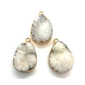 Three teardrop natural crystal druzy pendants with gold plated edges on white background - White Style (12)