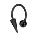 Anello ferro di cavallo nero in acciaio PVD con trama a righe, punte sfera e cono - Stile Sfera + Punta / 1.2x8x4 / Nero